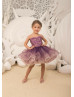 Beaded Purple Tulle Knee Length Keyhole Back Flower Girl Dress